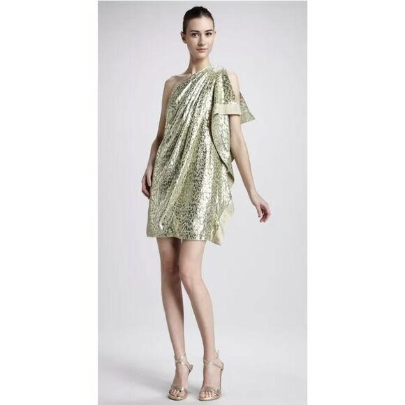 MARK + James Badgley Mischka Gold Silk One Shoulder Brocade Caftan Dress Sz. S - Picture 1 of 10